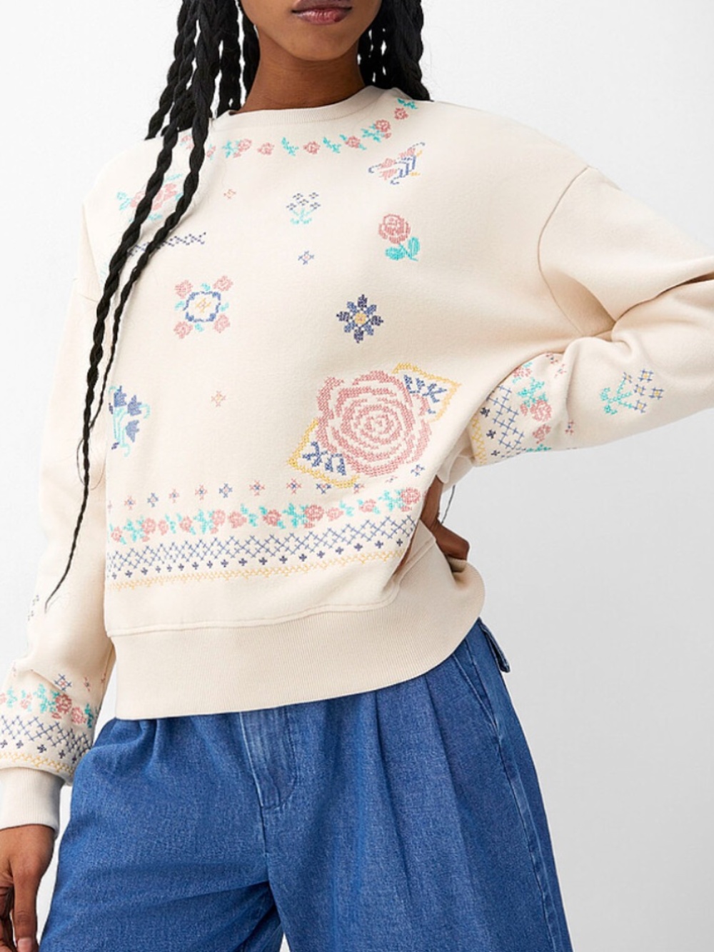 Cream and folk inspired cross-stitch embroidered sweatshirt NWT